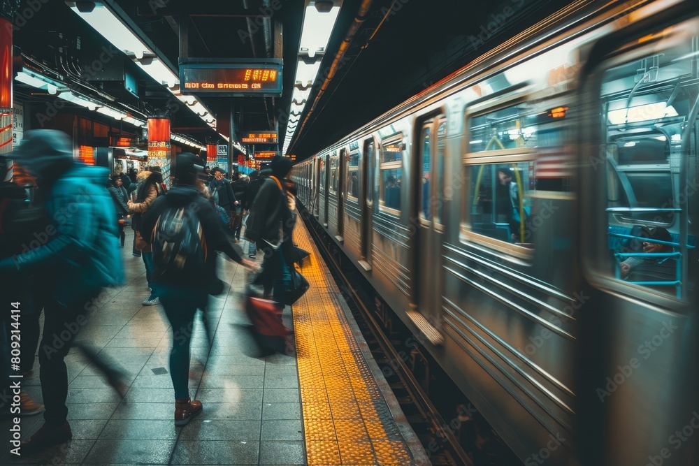 Commuters Rushing On A Crowded Subway Platform, Moving Towards Their ...