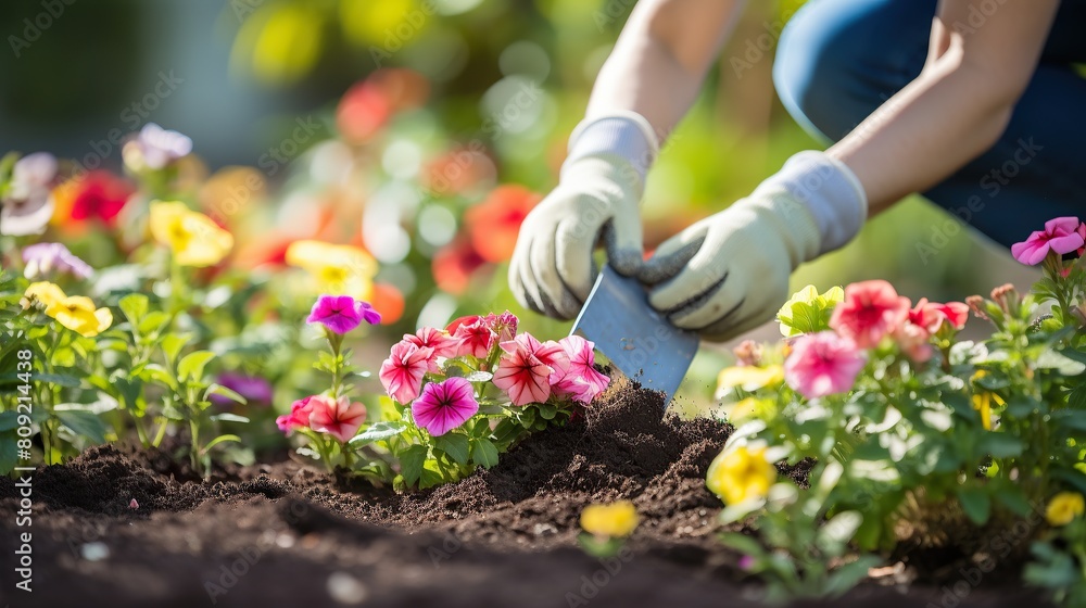 Woman putting beautiful flowers into the ground in the garden, arranging the garden, planting flowers in the garden,