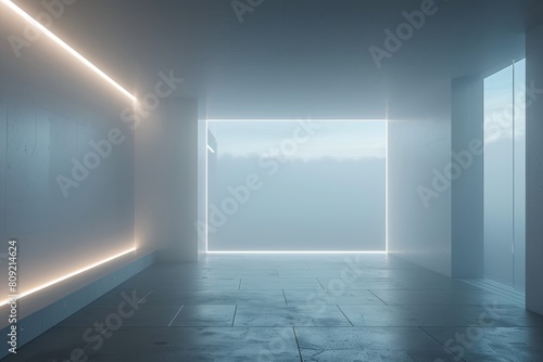 An empty white room interiour with bare walls and day lighting neon glowing photo