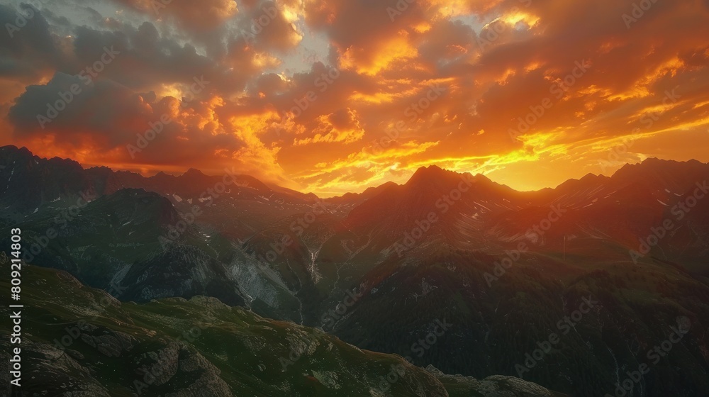 Warm sunset hues bathe a serene European mountain landscape, creating a peaceful and picturesque evening scene