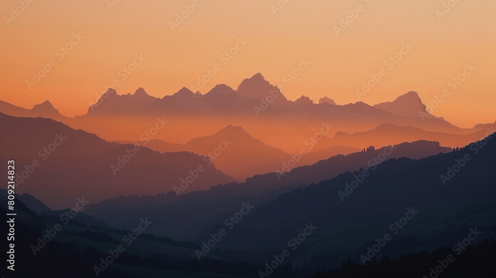 Warm sunset hues bathe a serene European mountain landscape, creating a peaceful and picturesque evening scene