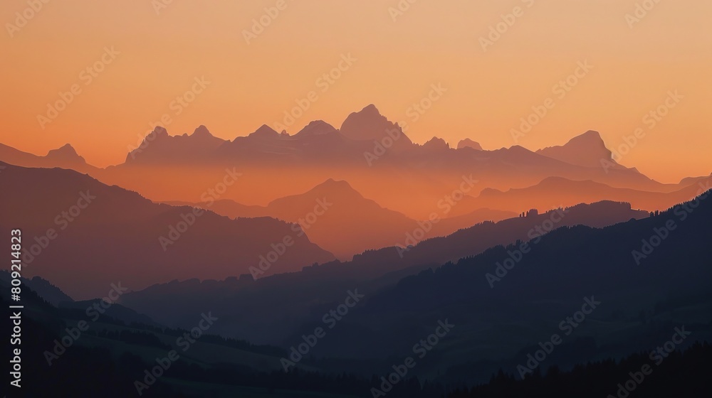 Warm sunset hues bathe a serene European mountain landscape, creating a peaceful and picturesque evening scene Warm sunset hues bathe a serene European mountain landscape, creating a peaceful and picturesque evening scene