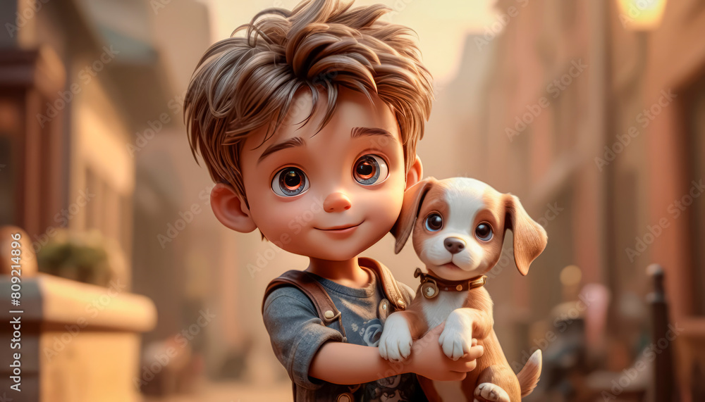 Friendship between man and dog. Cute boy with his puppy friend Friendship between man and dog. Cute boy with his puppy friend