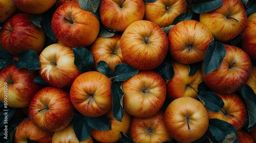 A picture shows red and yellow apples piled up, topped by green leaves One apple is bitten A picture shows red and yellow apples piled up, topped by green leaves One apple is bitten
