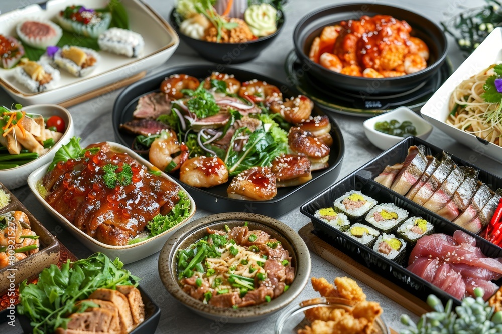A table displays an assortment of diverse foods, showcasing a culinary feast of flavors and textures, A culinary journey brought to you with every delivery A table displays an assortment of diverse foods, showcasing a culinary feast of flavors and textures, A culinary journey brought to you with every delivery
