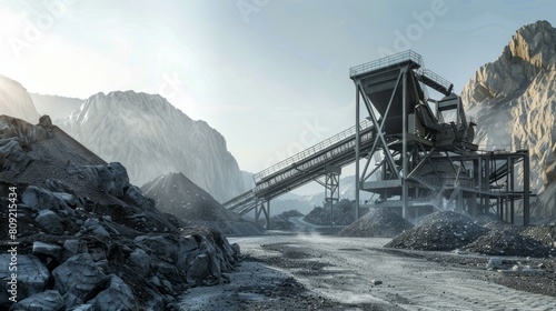 An industrial background scene featuring a working gravel crusher at a construction site, highlighting rugged functionality photo