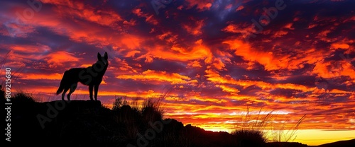 A Herding Dog Stands Silhouetted Against The Sunset, Embodying The Beauty And Majesty Of Nature, Background © GenVision
