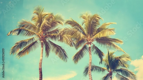 Vintage-toned and stylized depiction of palm trees against a blue sky, capturing the essence of tropical coasts