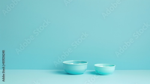 A colorful pet toy and a feeding bowl arranged on a light blue background, offering ample space for text