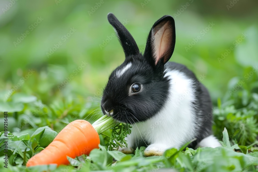 A black and white rabbit is munching on a carrot, A cute black and white bunny nibbling on a fresh carrot A black and white rabbit is munching on a carrot, A cute black and white bunny nibbling on a fresh carrot