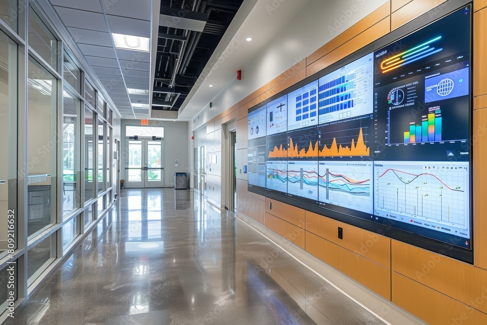Fototapeta premium Modern Hallway With Large Screen, A cutting-edge facility where city officials monitor and analyze data to improve quality of life for residents