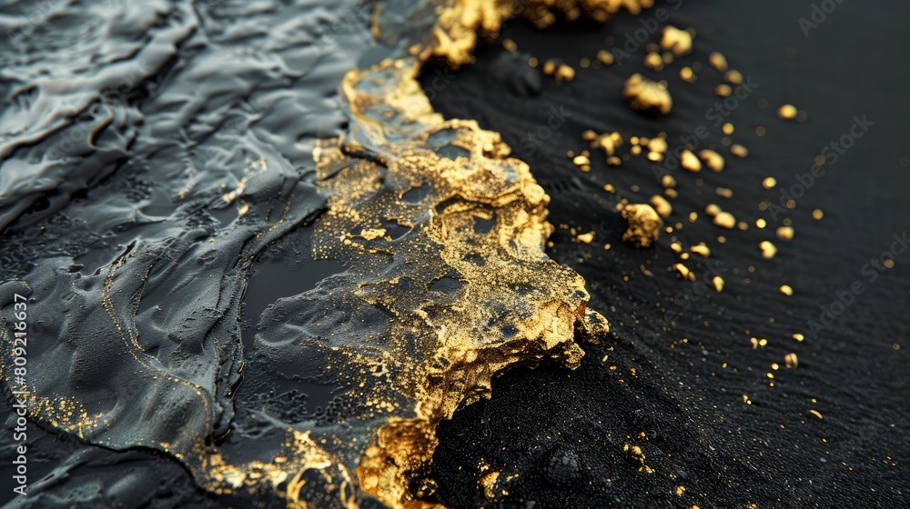 A captivating image showing pure gold nuggets freshly unearthed, set against the stark contrast of black sand