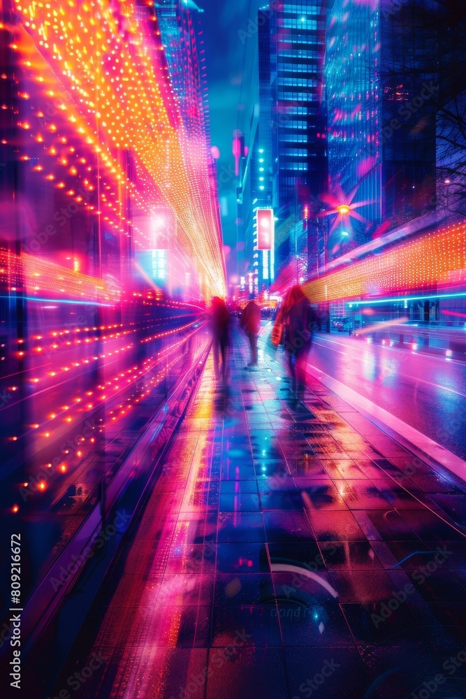 A city street with neon lights and cars A city street with neon lights and cars