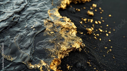 A captivating image showing pure gold nuggets freshly unearthed, set against the stark contrast of black sand