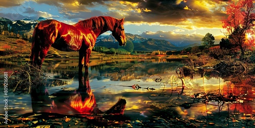 A beautiful painting of a horse standing in a lake, with a stunning sunset in the background. The horse is reflected in the water.