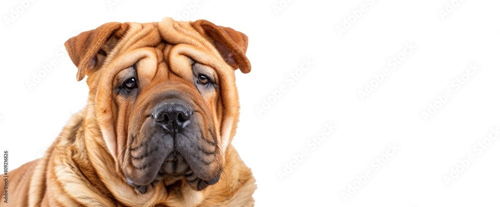 Obraz premium A Shar Pei Dog Poses Against A Crisp White Background, Showcasing Its Distinctive Features, Background