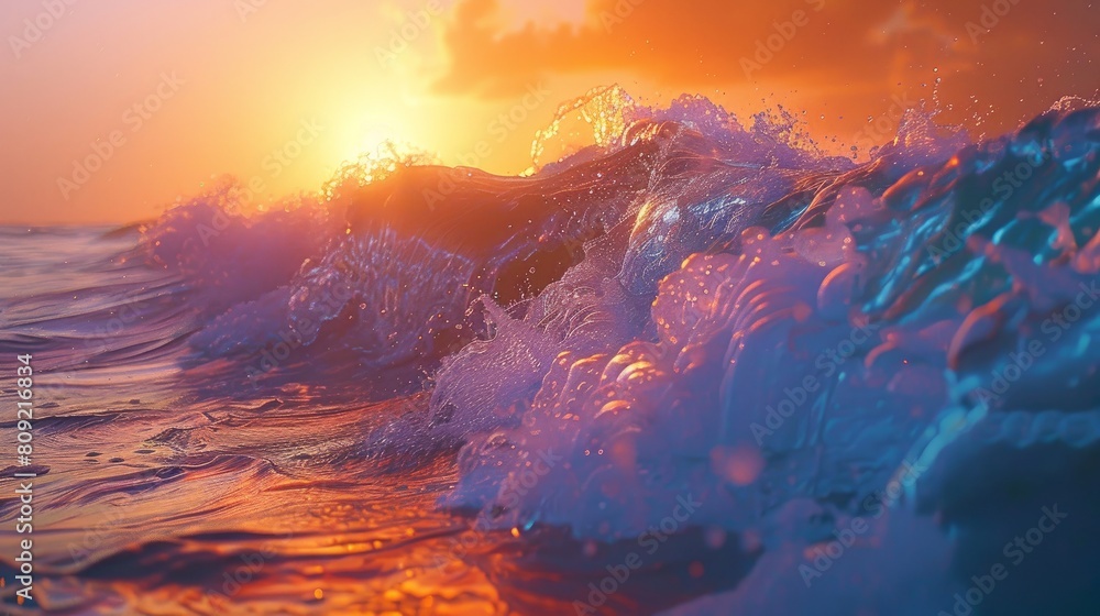 Fototapeta premium A dynamic image capturing a rough, colorfully tinted ocean wave crashing down during a stunning sunset