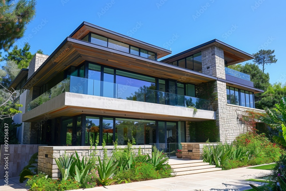 Fototapeta premium A contemporary residence showcasing a multitude of windows across its facade, A cutting-edge smart home with voice-activated controls, integrated security systems, and energy-efficient features