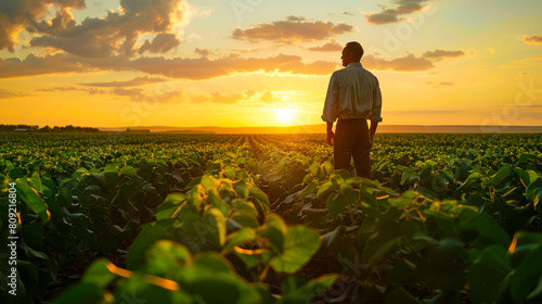 Farmer in Soybean Field at Sunset 