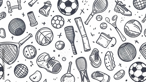 An engaging seamless pattern featuring hand-drawn doodles of various sports elements on a transparent background