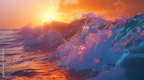 A dynamic image capturing a rough, colorfully tinted ocean wave crashing down during a stunning sunset
