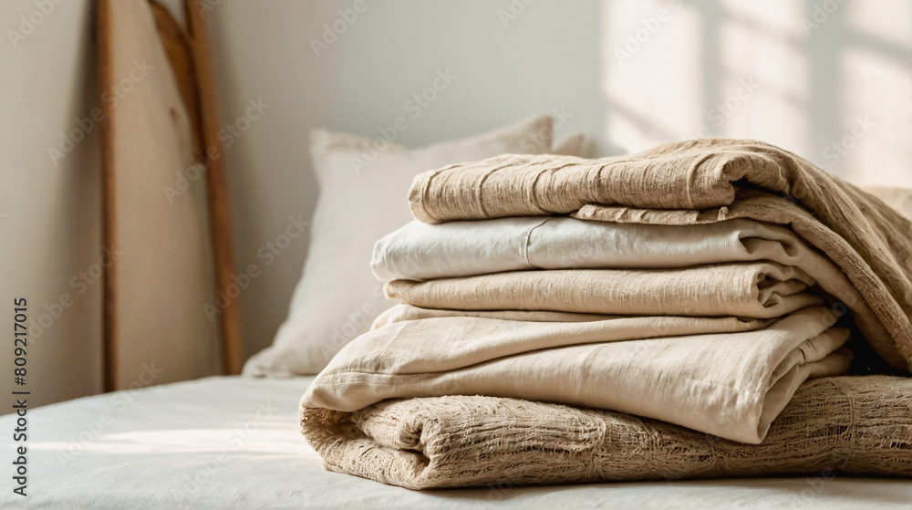 Organic hemp fabric. Natural beige linen or hemp textile for clothing. Sustainable textile industry 