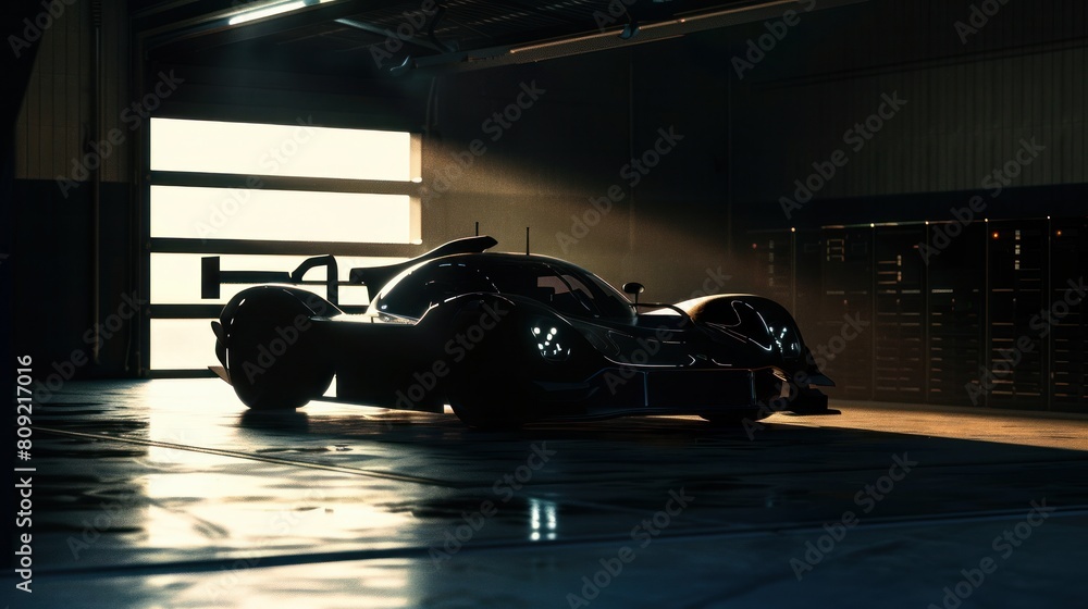 A striking silhouette of a sleek, modern sports racing car positioned in a darkened garage, exuding mystery and power