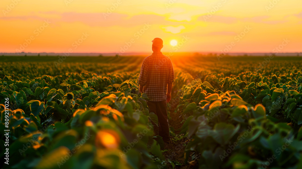 Fototapeta premium Farmer in Soybean Field at Sunset