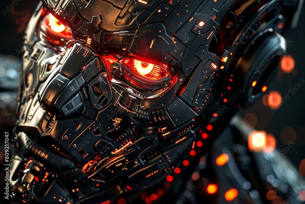 Fototapeta premium A detailed view of a robots face with glowing red eyes, A cybernetic being with glowing red eyes and intricate circuitry covering their metallic skin
