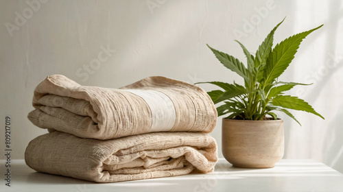 Organic hemp fabric. Natural beige hemp or linen textile for clothing. Sustainable textile industry 