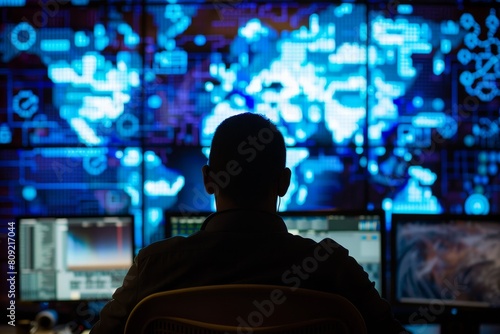 A man is seated at a desk, focused on multiple computer monitors displaying information, A cyber intelligence analyst monitoring online threats