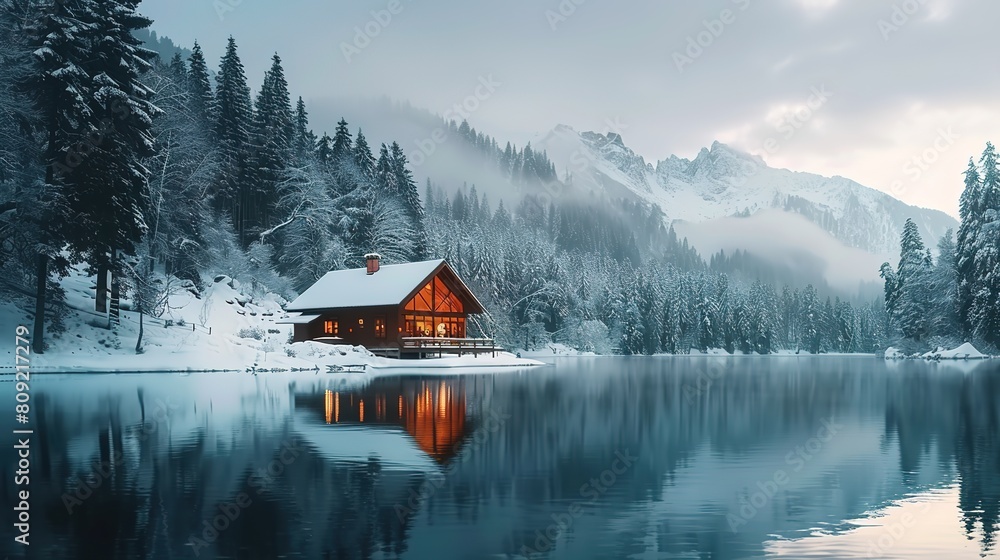 Fototapeta premium Winter aesthetic landscape with house panorama, muted neutral colors, forest, and mountains..