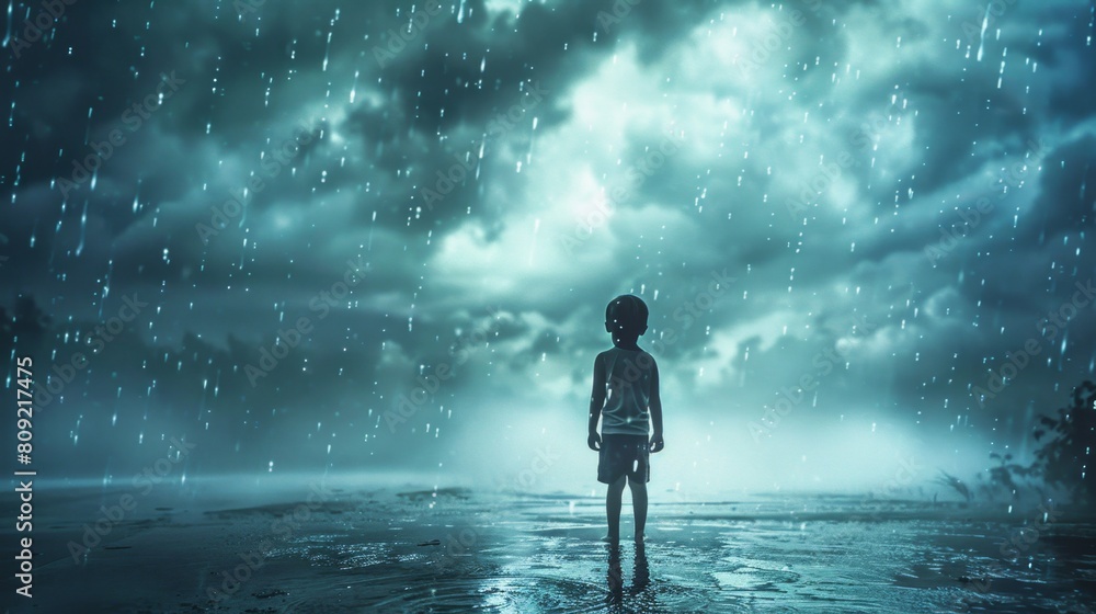 Child in Rainstorm with Raindrops and Bokeh Lights