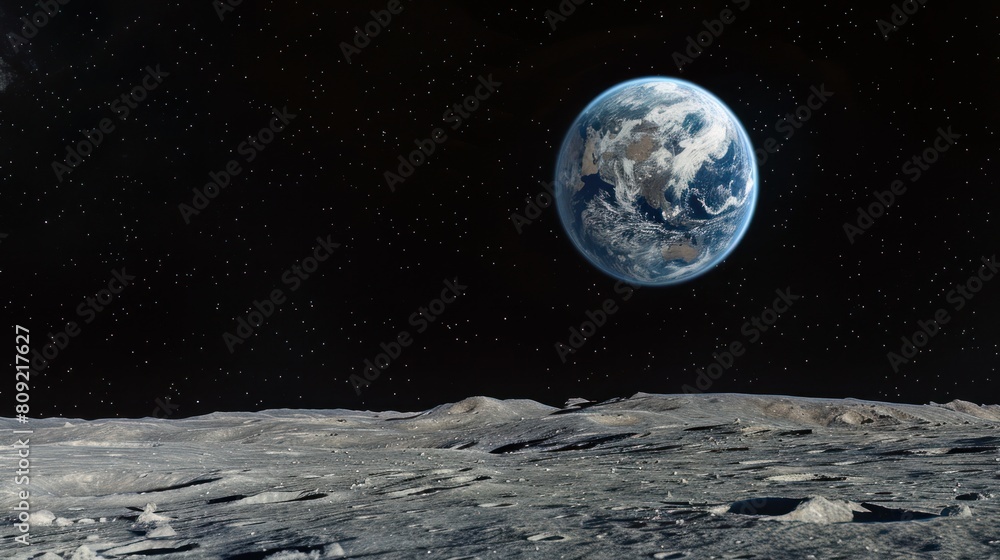 A breathtaking view of Earth, vividly seen from the moon's surface, highlighting the vastness and beauty of space. A breathtaking view of Earth, vividly seen from the moon's surface, highlighting the vastness and beauty of space.