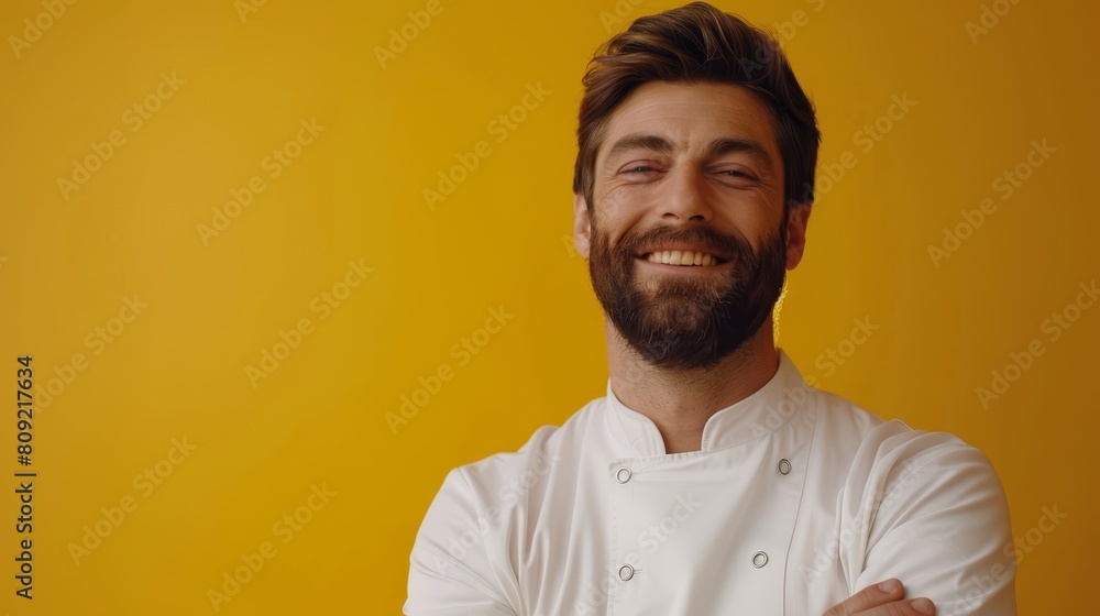 A bearded man in a chef's coat stands with crossed arms A bearded man in a chef's coat stands with crossed arms