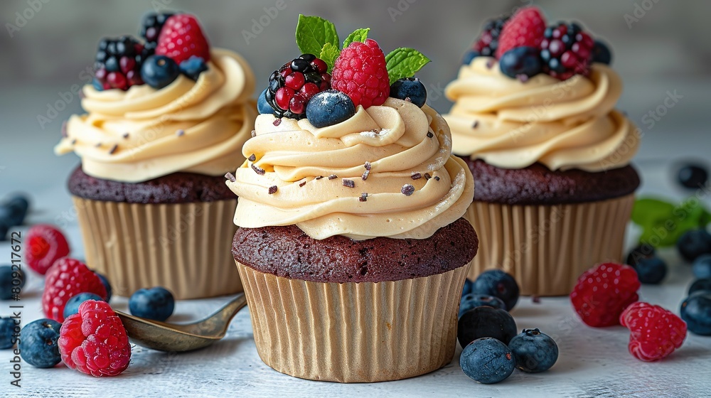   Three cupcakes with frosting, berries, and sprinkles rest on a table amidst blueberries, raspberries, mints