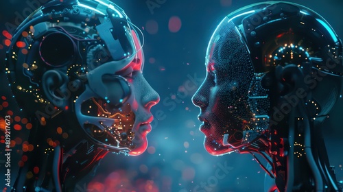 Artificial intelligence and human face close up, abstract web banner, illustration.