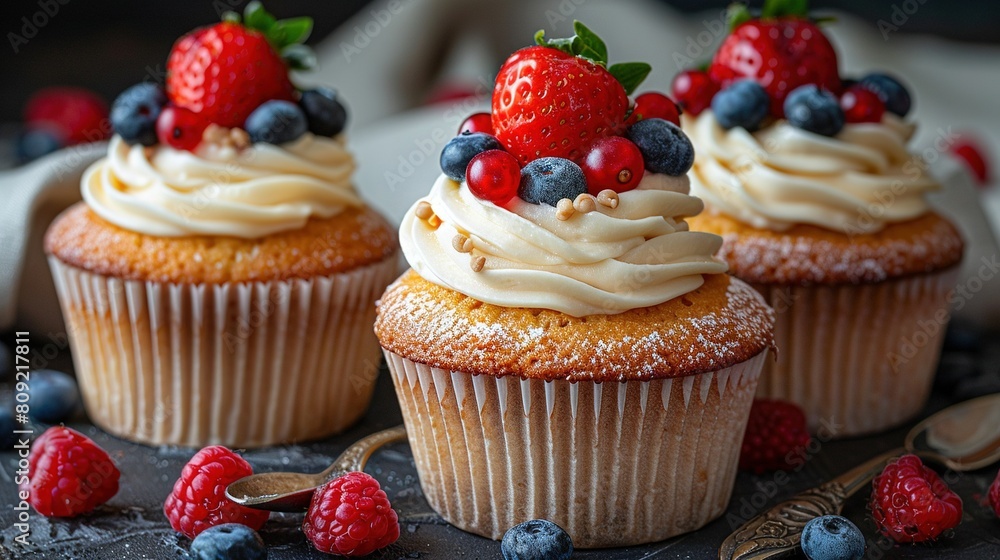   Three cupcakes with frosting and strawberries