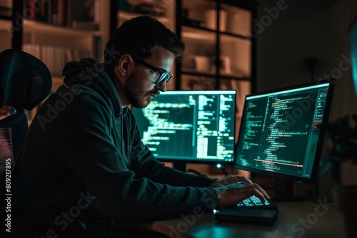 A man, a cybersecurity engineer, sits at a desk and works on a laptop computer, A cybersecurity engineer building a secure platform for online transactions