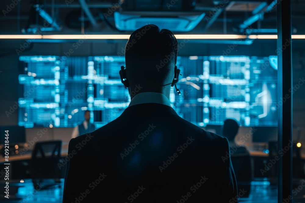 A man dressed in a suit is standing in front of a window, A cybersecurity manager overseeing a team of security professionals A man dressed in a suit is standing in front of a window, A cybersecurity manager overseeing a team of security professionals