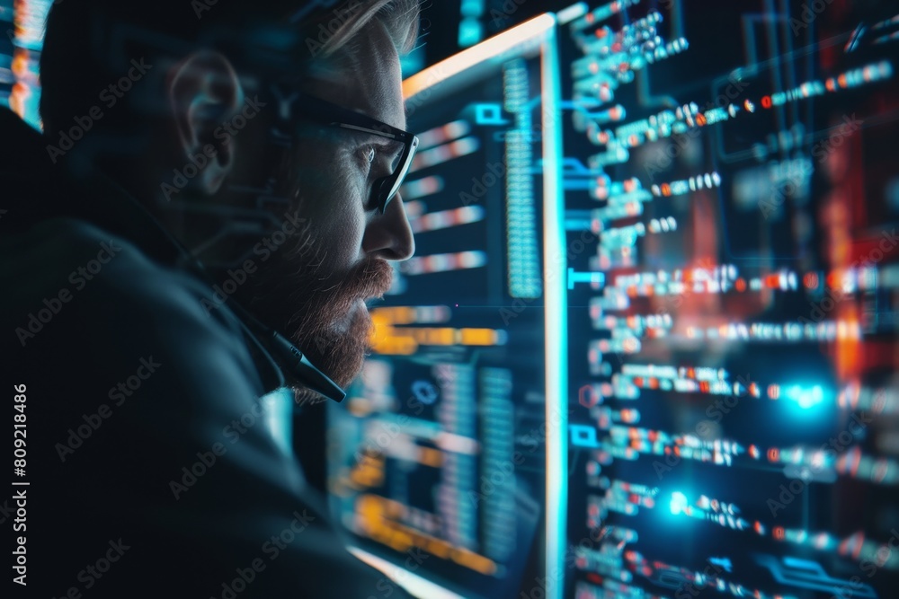 A man in glasses closely examines lines of code on a computer screen, A cybersecurity professional analyzing lines of code on a computer screen A man in glasses closely examines lines of code on a computer screen, A cybersecurity professional analyzing lines of code on a computer screen