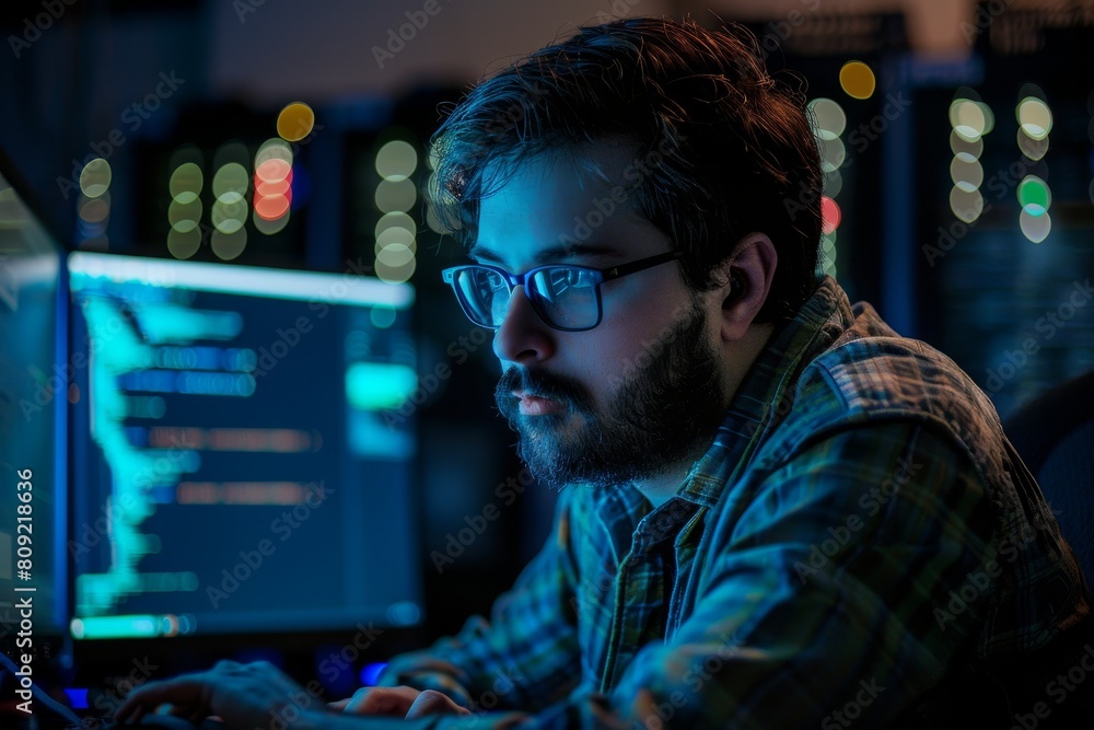 A man sits at a desk, focusing on a computer screen, working diligently, A cybersecurity researcher studying the latest malware threats A man sits at a desk, focusing on a computer screen, working diligently, A cybersecurity researcher studying the latest malware threats