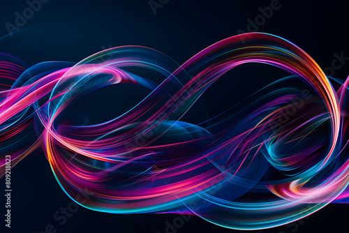 Dynamic neon swirls creating a psychedelic wave effect. Abstract neon art on black background.