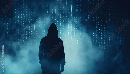 Silhouette of hacker in a hood against a binary code background, depicting a digital data darkness concept with copy space area for a web banner design Generative AI photo