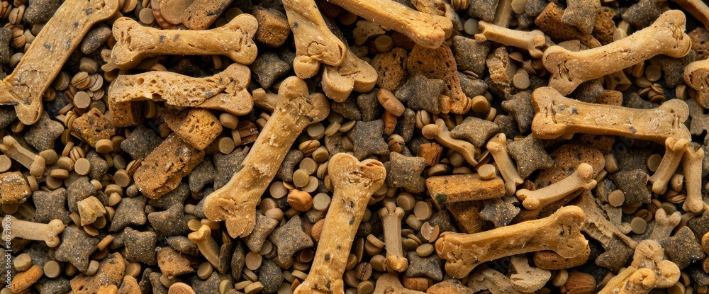 Top View Of Brown Biscuit Bones And Organic Kibble Pieces Showcases Nutritious Options For Dog Feed, Background Top View Of Brown Biscuit Bones And Organic Kibble Pieces Showcases Nutritious Options For Dog Feed, Background