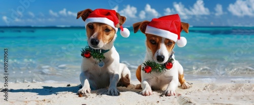 Two Jack Russell Terriers Sit Gracefully On The Sandy Shores Of A Beach, Donning Festive Christmas Attire, Background © GenVision