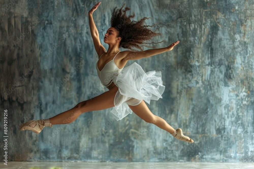 A woman in a white dress gracefully leaping into the air while dancing, A dancer leaping gracefully into the air, legs fully extended in a split position A woman in a white dress gracefully leaping into the air while dancing, A dancer leaping gracefully into the air, legs fully extended in a split position