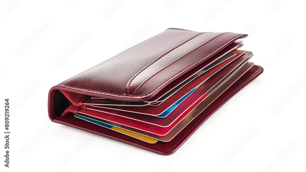 Burgundy Wallet Filled with Credit Cards and Business cards isolated on a transparent background Burgundy Wallet Filled with Credit Cards and Business cards isolated on a transparent background