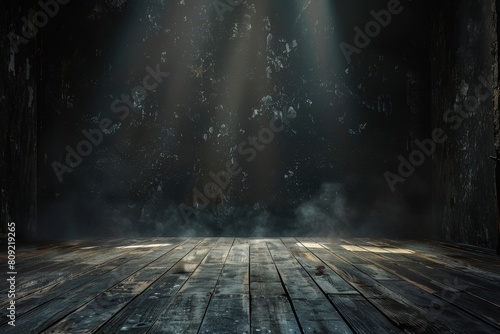 A dark room with wooden floor and beams of light shining through, creating a dramatic ambiance, A dark and dramatic stage for your artistic experiments