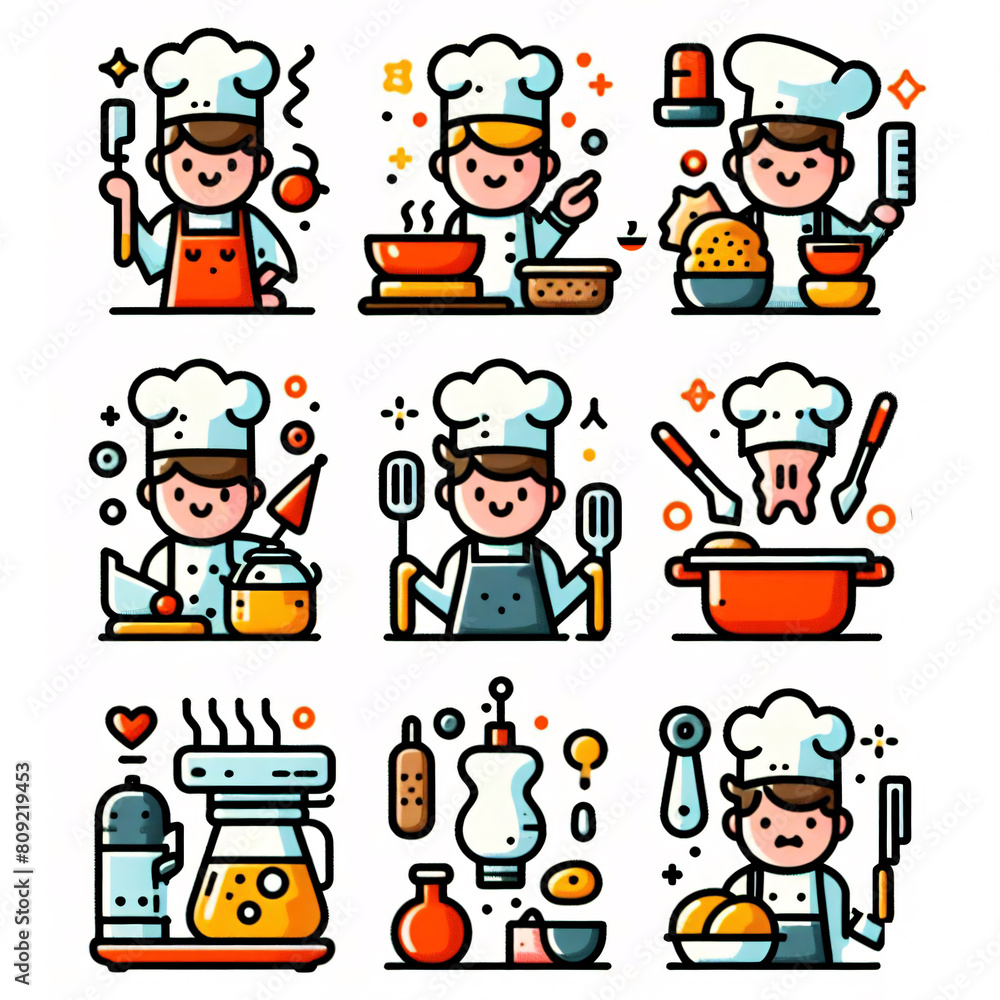 Icons on the theme of professional kitchen, cooks, equipment and products, a group of people in chef hats with professional tools, kitchen equipment. Flat art for kitchen instructions, restaurants